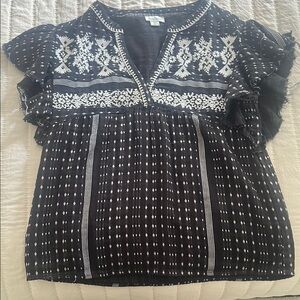 Sundance Black and White Flutter Sleeve Blouse with Mandarin Collar